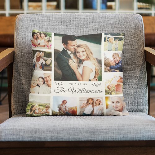 Custom Family Name Photo Collage Modern Instagram Throw Pillow