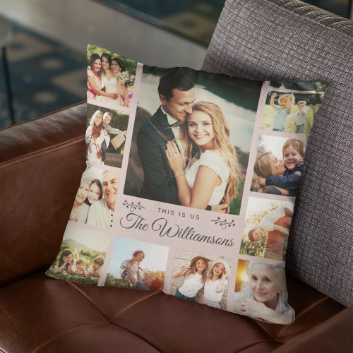 Custom Family Name Photo Collage Valentines Day Throw Pillow