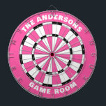 Custom Family Name Pink Black Dartboard<br><div class="desc">Personalize this pink and black dartboard with your family name and game room or established date,  etc. Designed for you by Blackberry Boulevard.</div>