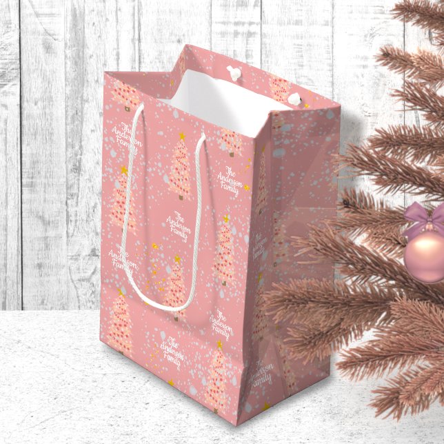 Custom Family Name Pink Christmas Trees Modern Medium Gift Bag (Creator Uploaded)