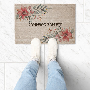 Custom Family Name Pink Floral Corners Coir Fiber Doormat