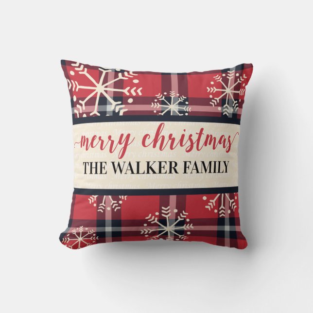Custom Family Name Plaid and Snowflakes Holiday Throw Pillow (Front)