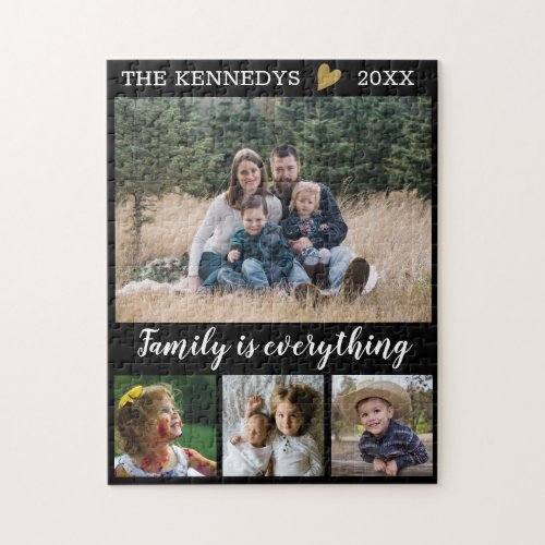Custom Family Name Quote 4 Photo Collage Black Jigsaw Puzzle
