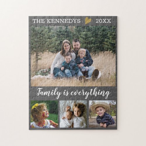 Custom Family Name Quote 4 Photo Collage Gray Jigsaw Puzzle