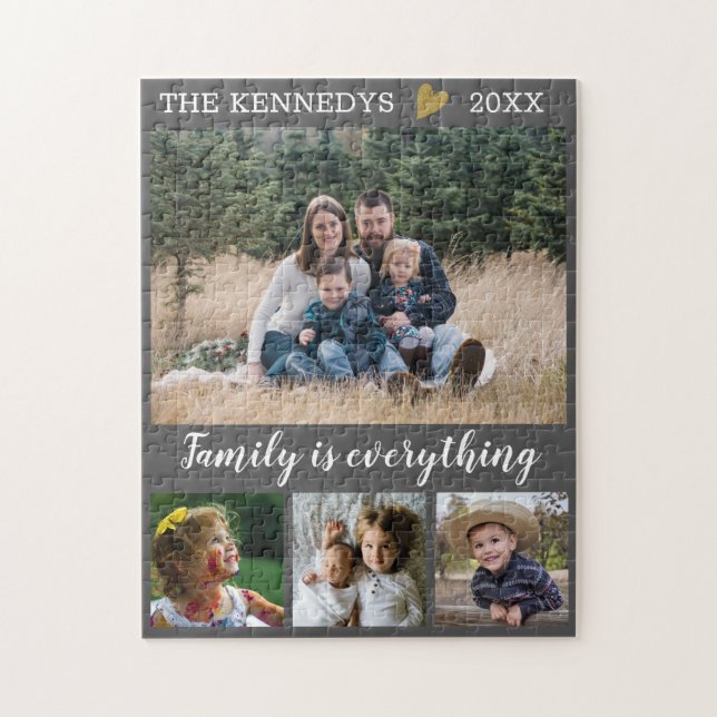 Custom Family Name Quote 4 Photo Collage Gray Jigsaw Puzzle (Vertical)