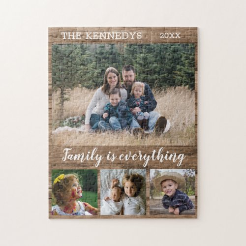 Custom Family Name Quote 4 Photo Collage Wood Jigsaw Puzzle