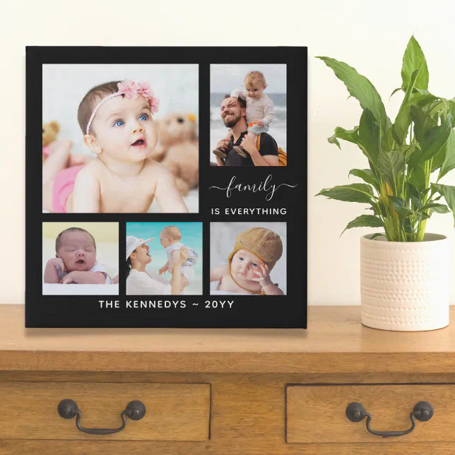 custom-family-name-quote-5-photo-collage-black-faux-canvas-print-zazzle