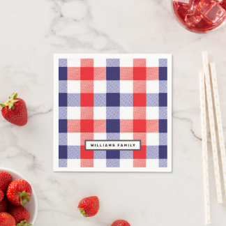 Custom Family Name Red and Blue Plaid Napkins