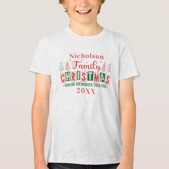Custom Family Name Red Green Christmas  Tri-Blend Shirt (Front)