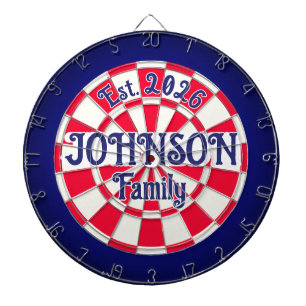 CUSTOM FAMILY NAME Red/White Checker & Navy Blue Dart Board