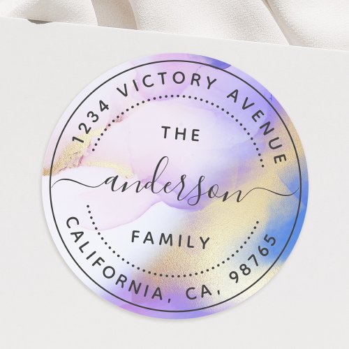 Custom Family Name Return Address Lilac Watercolor Classic Round Sticker