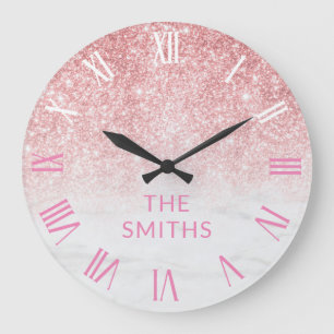 Custom Family Name Rose Gold Glitter and Marble Large Clock