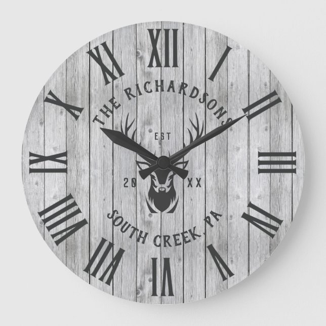 Custom Family Name Rustic Farmhouse Wood Modern Large Clock (Front)