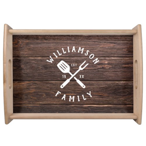 Custom Family Name Rustic Vintage Dark Wood Print Serving Tray