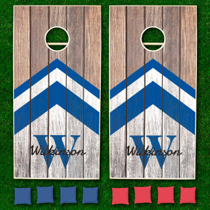 Custom Family Name Rustic Wood Blue Chevron Cornhole Set