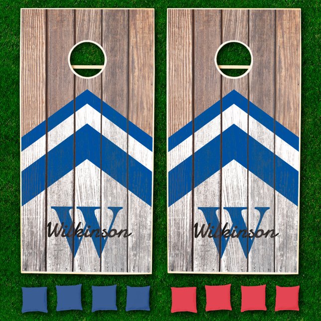 Custom Family Name Rustic Wood Blue Chevron Cornhole Set (Creator Uploaded)