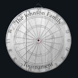 Custom Family Name Rustic Wood Look Dartboard<br><div class="desc">Easily change the family name on the design template,  and create your personalized family name dartboard. 
Regulation size board
Dimensions: 18"diameter,  1"h
Includes 6 brass darts (3 American flag dart flights and 3 UK dart flights)
Vibrant,  full-color printing
Finished with aluminum frame and hanging hook</div>