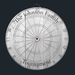Custom Family Name Rustic Wood Look Dartboard<br><div class="desc">Easily change the family name on the design template, and create your personalized family name dartboard.
Regulation size board
Dimensions: 18"diameter, 1"h
Includes 6 brass darts (3 American flag dart flights and 3 UK dart flights)
Vibrant, full-color printing
Finished with aluminum frame and hanging hook</div>