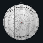Custom Family Name Rustic Wood Look Dartboard<br><div class="desc">Easily change the family name on the design template, and create your personalized family name dartboard.
Regulation size board
Dimensions: 18"diameter, 1"h
Includes 6 brass darts (3 American flag dart flights and 3 UK dart flights)
Vibrant, full-color printing
Finished with aluminum frame and hanging hook</div>