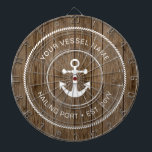 Custom Family Name Rustic Wood Nautical Anchor Dart Board<br><div class="desc">Let the games begin with this white nautical anchor and rope over a rustic wood background. Add your own special touch with your family or vessel name,  hailing port and established date. Perfect for party games at a cottage,  cabin or lake house.</div>