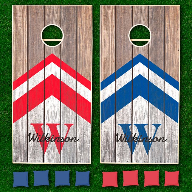 Custom Family Name Rustic Wood Red & Blue Chevron Cornhole Set (Creator Uploaded)