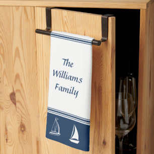 Custom Family Name Sailboats in Navy and White Kitchen Towel