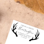 Custom Family Name Script & Antlers Return Address Rubber Stamp<br><div class="desc">This cute country design features the couple's names,  their family name in a hand written style script font and their return address all framed by a set of beautiful antlers.</div>