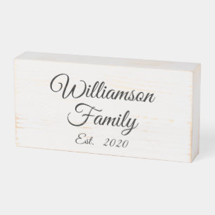 Custom family name script black and white elegant wooden box sign
