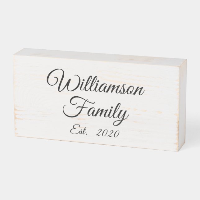 Custom family name script black and white elegant wooden box sign (Angled Horizontal)