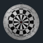 Custom Family Name Silver Black Personalized Dart Board<br><div class="desc">Let the games begin! Add your own special touch to this classic metallic silver and black dartboard with your family name,  phrase and established date. Perfect for a family game room and dart board tournament.</div>