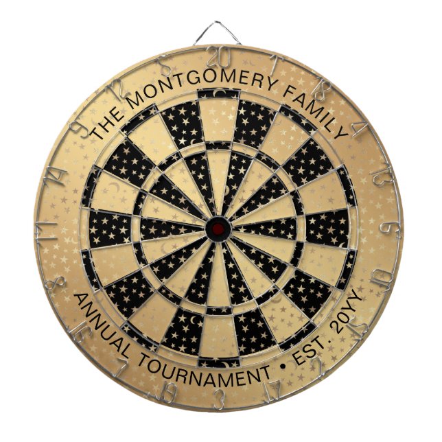 Custom Family Name Stars Gold Black Personalized Dart Board (Front)