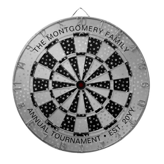 Custom Family Name Stars Silver Black Personalized Dart Board (Front)