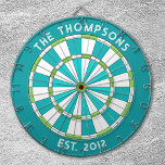 Custom Family Name Teal Blue White Dartboard<br><div class="desc">Personalize this red,  pink,  and white dartboard with your family name and established date. Designed for you by Blackberry Boulevard.</div>
