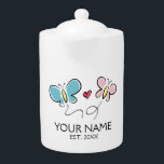Custom family name teapot with cute butterflies<br><div class="desc">Custom family name teapot with cute butterflies. Add your own family name,  established date year or quote. Unique bridal shower and wedding gift ideas for newly weds,  couple,  bride and groom,  husband and wife etc. Stylish typography template with butterfly drawing.</div>