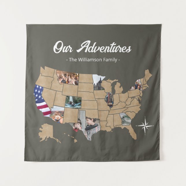 Custom Family Name Travel USA Photo Collage Green Tapestry (Front)