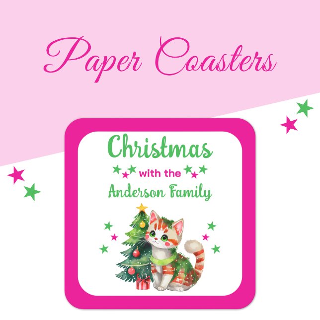 Custom family name tree and cat pink Christmas Square Paper Coaster (Creator Uploaded)