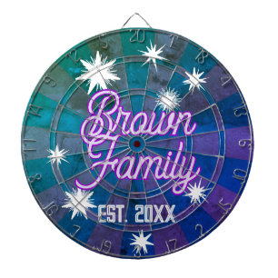 CUSTOM FAMILY NAME Vibrant Purple Text White Stars Dart Board