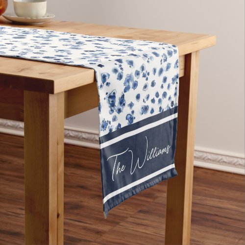 Custom Family Name Watercolor Blue Floral Pattern Long Table Runner