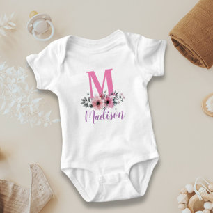custom family name watercolor flowers monogram baby bodysuit