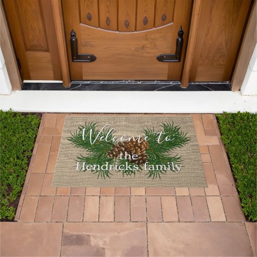 Custom Family Name Welcome On Faux Burlap Pattern Doormat