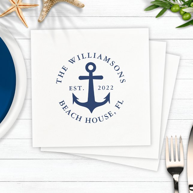 Custom Family Name White Navy Blue Anchor Nautical Napkins (Nautical Napkins with Navy Blue Anchor with Custom Text)