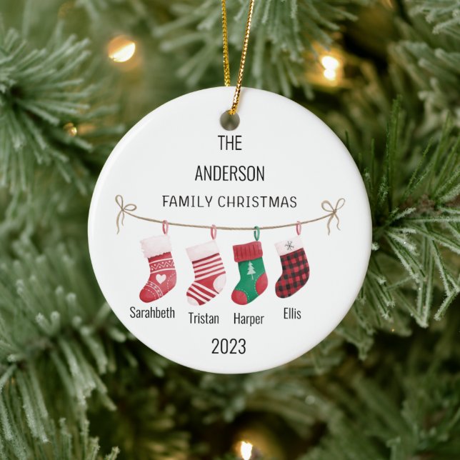 Custom Family of 4 Stockings Name & Year Christmas Ceramic Ornament (Tree)