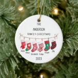 Custom Family of 6 Stockings Name & Year Christmas Ceramic Ornament<br><div class="desc">Colorful and cute Christmas Stockings with with your family name and names under each stocking, plus on the back, Christmas and the year(or your own desired message) make this adorable ornament very special. Come back as the stockings change! Use our handy tool to customize the name and message easily. Many...</div>