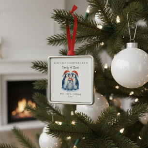 Custom Family Of Three Winter Penguins Christmas Metal Ornament