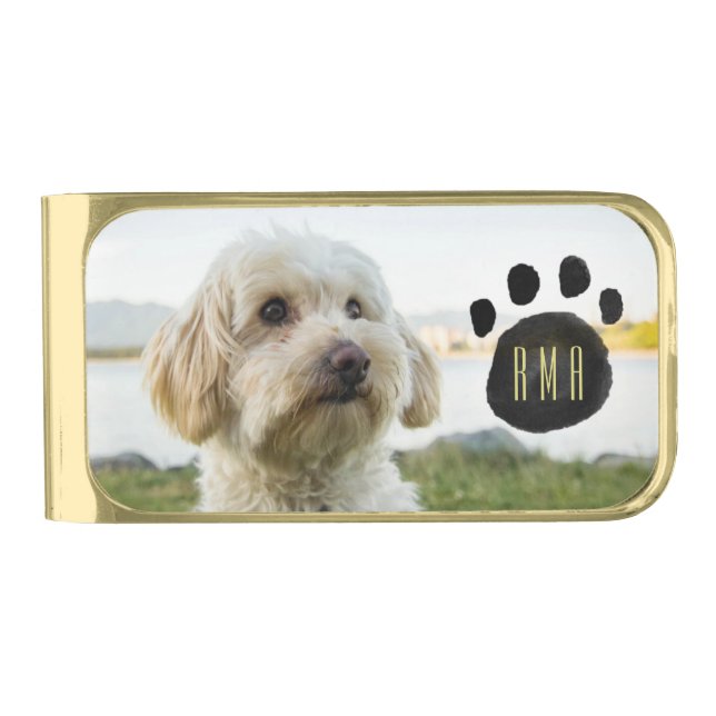 Custom Family Pet Photo | Monogrammed Gold Finish Money Clip (Front)