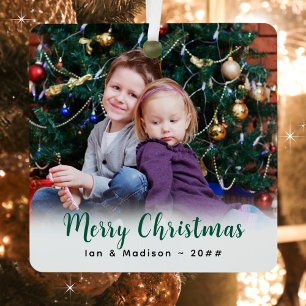 Custom Family Photo and Text Minimalist Christmas  Metal Ornament