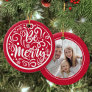 Custom Family Photo Be Merry Christmas Red Ceramic Ornament