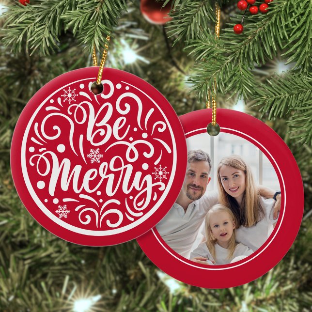 Custom Family Photo Be Merry Christmas Red Ceramic Ornament (Creator Uploaded)