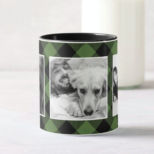 Custom Family Photo Buffalo Plaid Pattern Green Mug