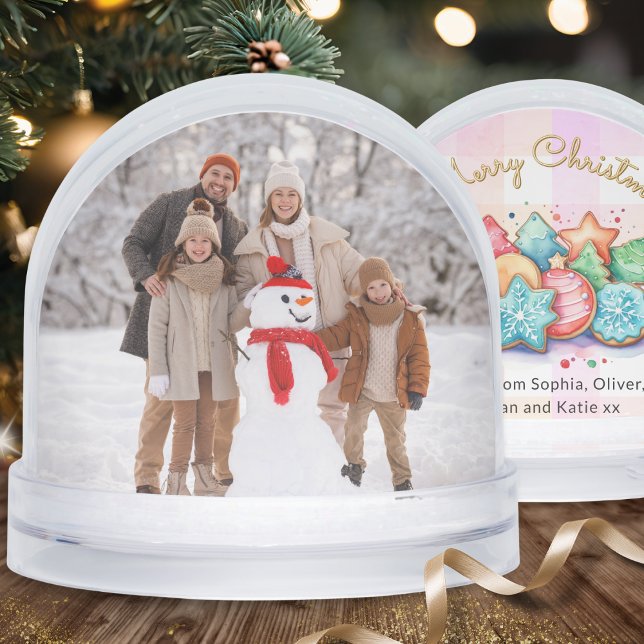 Custom Family Photo Christmas Cookies Pink Gingham Snow Globe (A Christmas snowglobe with cookies design, to personalize with your own photo and message)